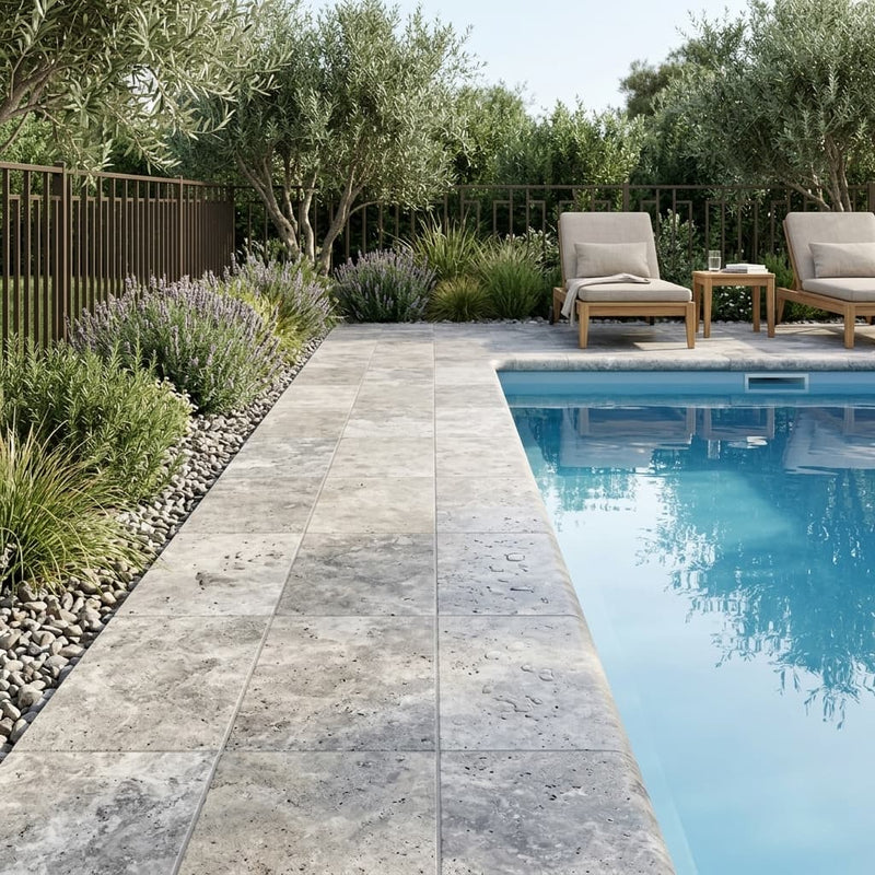 Silver Travertine Coping 12x12 Bullnose 5 cm pool coping — Swimming Pool pool edge drop-face coping