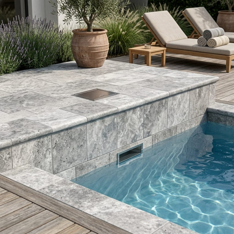 Silver Travertine Coping 12x12 Tumbled Bullnose 1.25 inch pool coping — Swimming Pool remodel pool edge