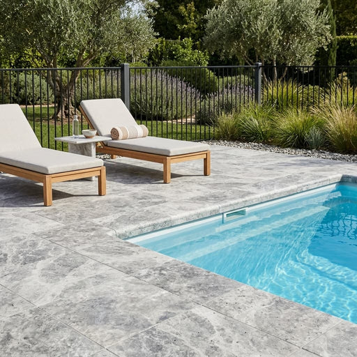 Silver Travertine Coping 12x12 Tumbled Bullnose 2 inch pool coping — Swimming Pool pool edge drop-face coping