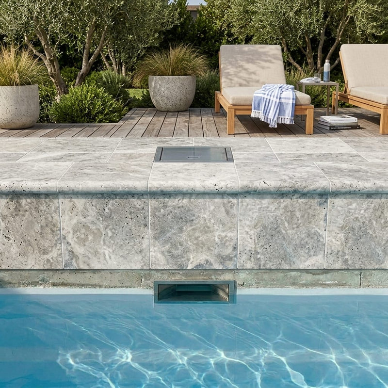 Silver Travertine Coping 12x12 Tumbled Bullnose 2 inch pool coping — Swimming Pool remodel pool edge