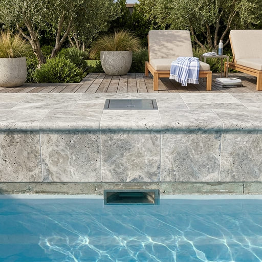Silver Travertine Coping 12x12 Tumbled Bullnose 2 inch pool coping — Swimming Pool remodel pool edge
