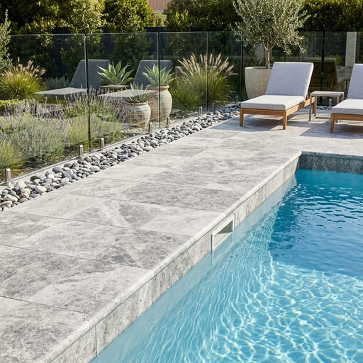 Silver Travertine Coping 12x12 Unfilled Honed Bullnose 1.25 inch pool coping — Swimming Pool pool edge drop-face coping