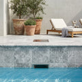 Silver Travertine Coping 12x12 Unfilled Honed Bullnose 1.25 inch pool coping — Swimming Pool remodel pool edge