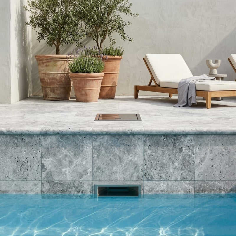 Silver Travertine Coping 12x12 Unfilled Honed Bullnose 1.25 inch pool coping — Swimming Pool remodel pool edge