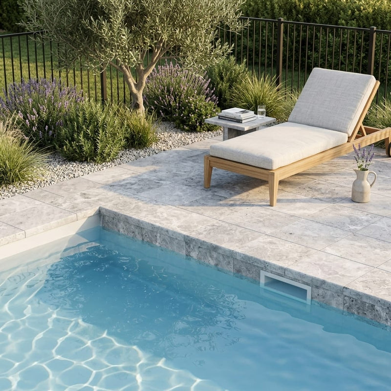 Silver Travertine Coping 12x12 Unfilled Honed Bullnose 2 inch pool coping — Swimming Pool pool edge drop-face coping