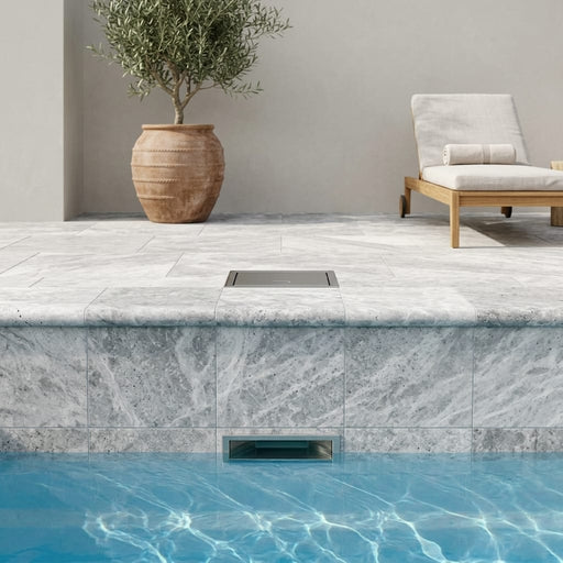 Silver Travertine Coping 12x12 Unfilled Honed Bullnose 2 inch pool coping — Swimming Pool remodel pool edge