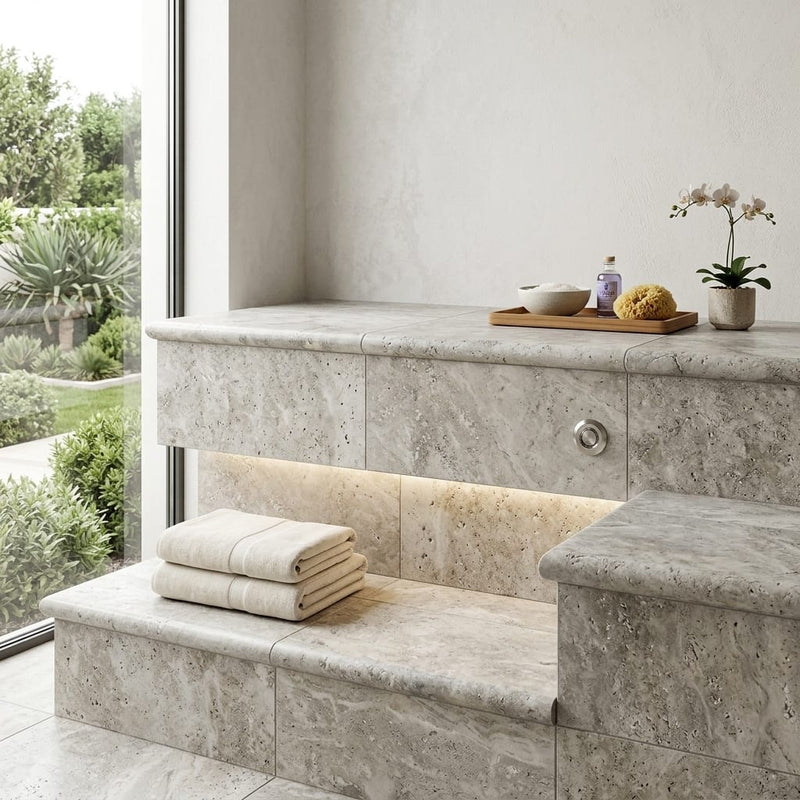 Silver Travertine Coping 12x24 Bullnose 3 cm pool coping — Spa spa overhang edge