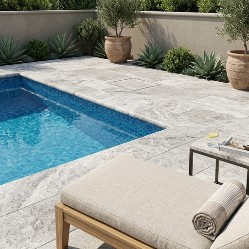 Silver Travertine Coping 12x24 Bullnose 3 cm pool coping — Swimming Pool remodel pool edge
