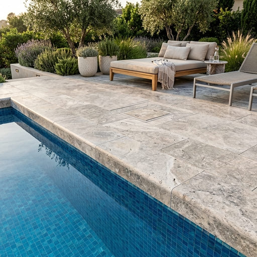 Silver Travertine Coping 12x24 Bullnose 5 cm pool coping — Swimming Pool remodel pool edge