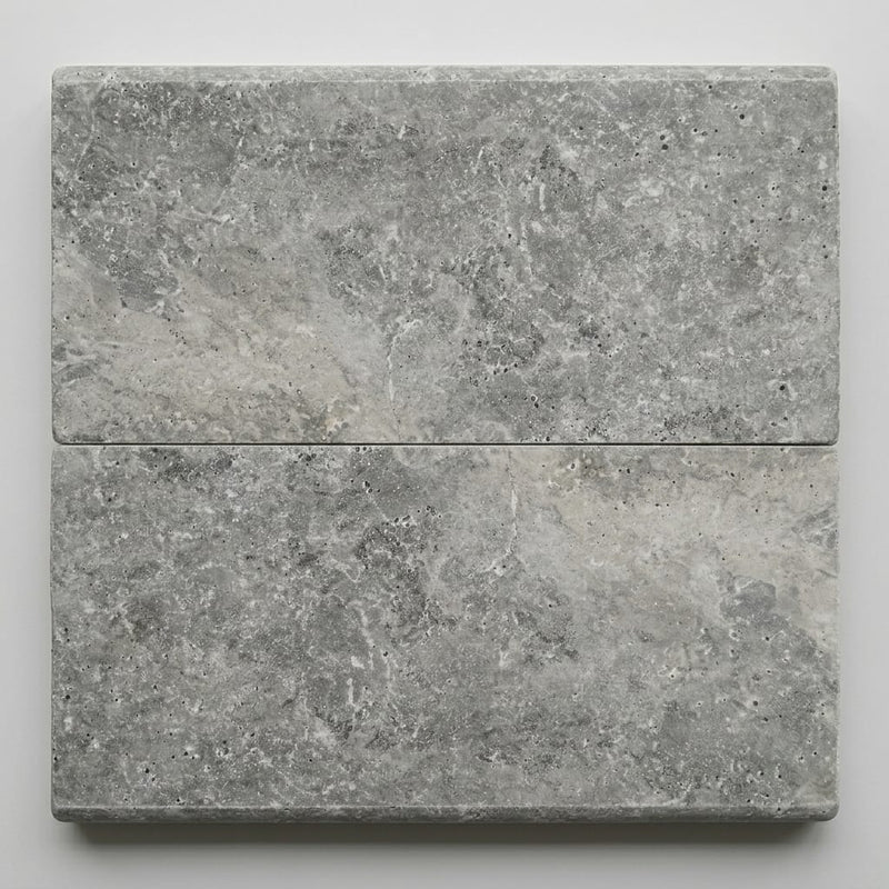 Silver Travertine Coping 12x24 Filled, Honed Bullnose 1.25 inch close-up
