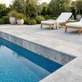 Silver Travertine Coping 12x24 Filled, Honed Bullnose 1.25 inch pool coping — Swimming Pool remodel pool edge