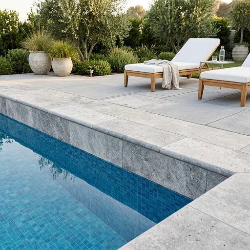 Silver Travertine Coping 12x24 Filled, Honed Bullnose 1.25 inch pool coping — Swimming Pool remodel pool edge