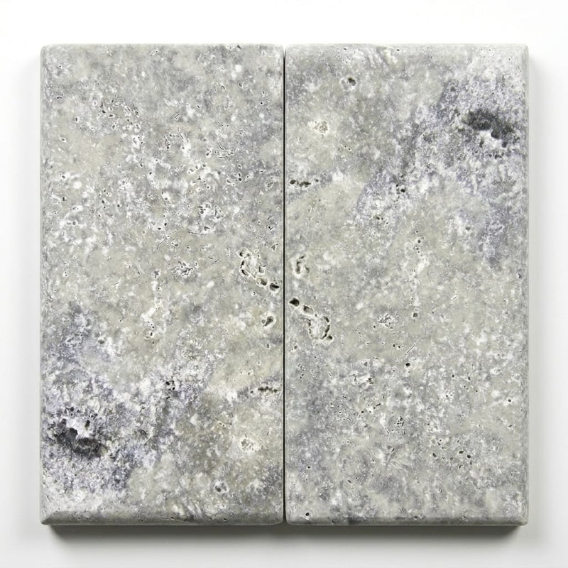Silver Travertine Coping 12x24 Filled, Honed Bullnose 2 inch close-up
