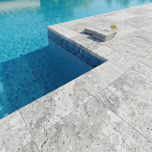 Silver Travertine Coping 12x24 Filled, Honed Bullnose 2 inch pool coping — Swimming Pool pool edge drop-face coping