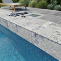 Silver Travertine Coping 12x24 Filled, Honed Bullnose 2 inch pool coping — Swimming Pool remodel pool edge