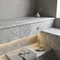 Silver Travertine Coping 12x24 Tumbled Bullnose 1.25 inch pool coping — Spa spa overhang edge
