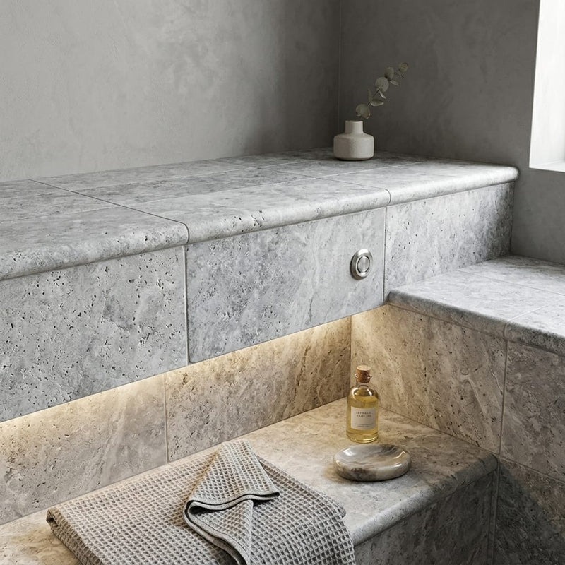 Silver Travertine Coping 12x24 Tumbled Bullnose 1.25 inch pool coping — Spa spa overhang edge