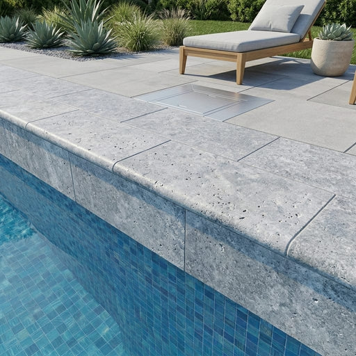 Silver Travertine Coping 12x24 Tumbled Bullnose 1.25 inch pool coping — Swimming Pool remodel pool edge