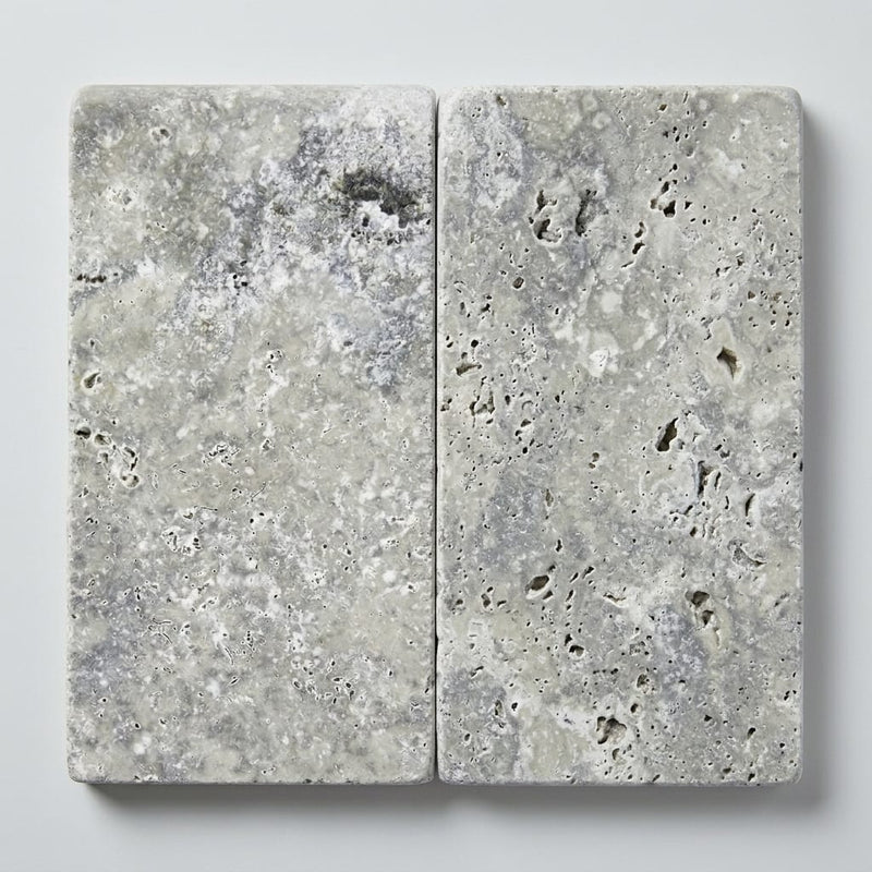Silver Travertine Tumbled Bullnose Coping - 12x24, 2 in close-up