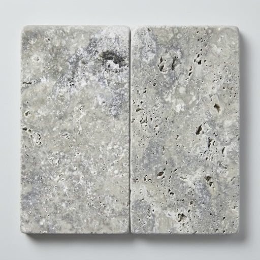 Silver Travertine Tumbled Bullnose Coping - 12x24, 2 in close-up