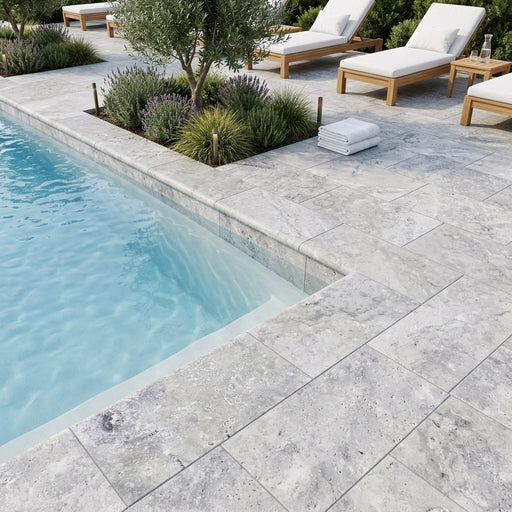 Silver Travertine Tumbled Bullnose Coping - 12x24, 2 in pool coping — Swimming Pool pool edge drop-face coping