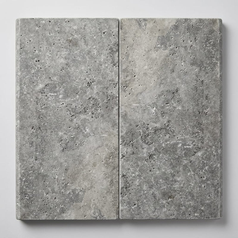 Silver Travertine Coping 12x24 Unfilled, Honed Bullnose 1.25 inch close-up