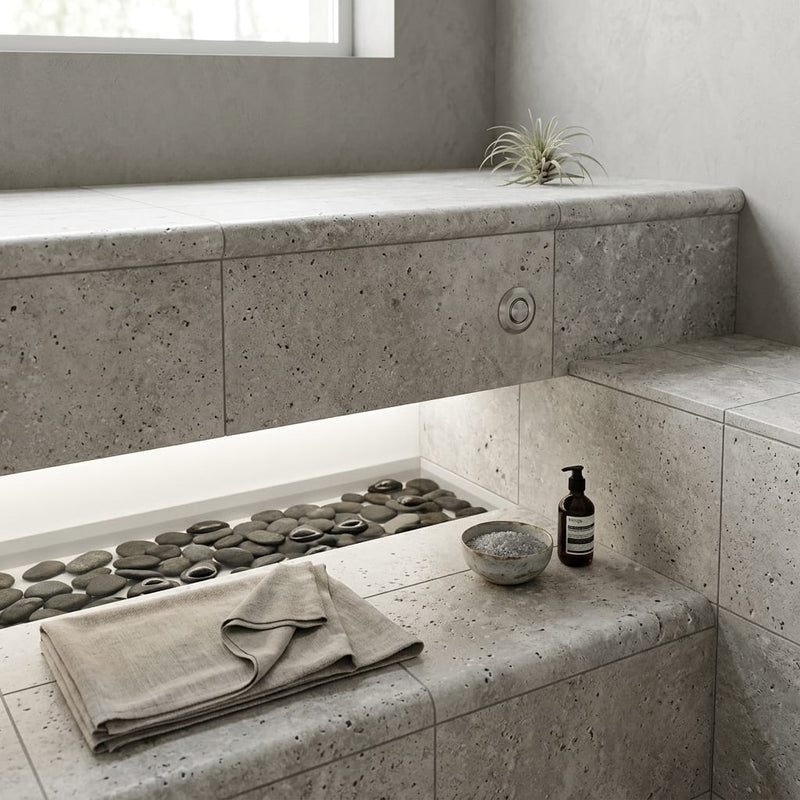 Silver Travertine Coping 12x24 Unfilled, Honed Bullnose 1.25 inch pool coping — Spa spa overhang edge