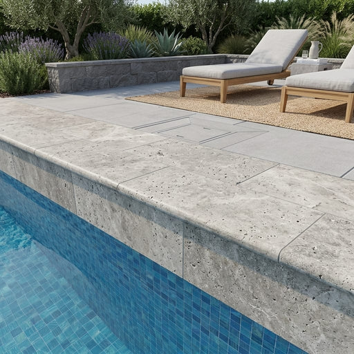 Silver Travertine Coping 12x24 Unfilled, Honed Bullnose 1.25 inch pool coping — Swimming Pool remodel pool edge