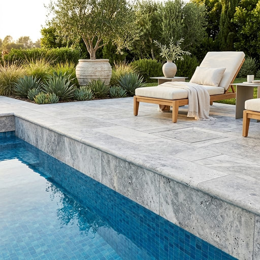 Silver Travertine Coping 12x24 Unfilled Honed Bullnose 2 inch pool coping — Swimming Pool remodel pool edge
