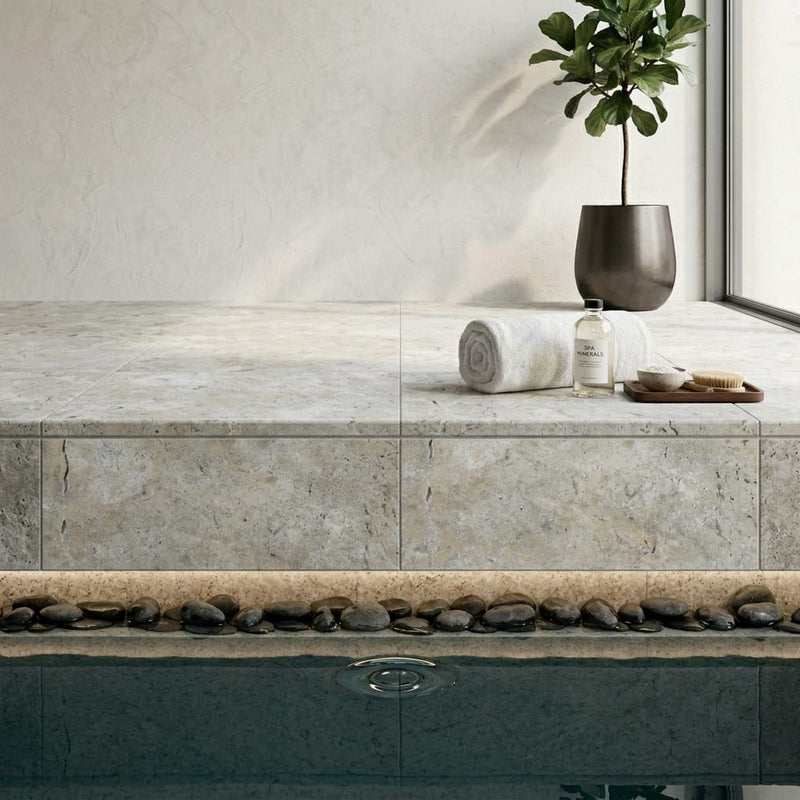 Silver Travertine Coping 16x24 Tumbled Bullnose 1.25 inch pool coping — Spa spa overhang edge