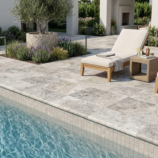 Silver Travertine Coping 16x24 Tumbled Bullnose 1.25 inch pool coping — Swimming Pool pool edge drop-face coping