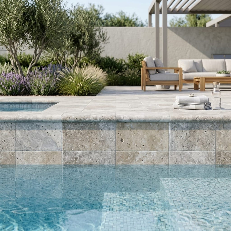 Travertine Coping - Silver, 16x24 Tumbled Bullnose, 2-in pool coping — Swimming Pool remodel pool edge