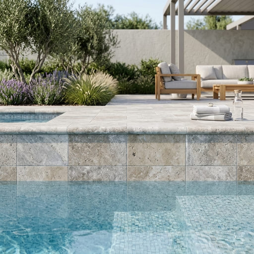 Travertine Coping - Silver, 16x24 Tumbled Bullnose, 2-in pool coping — Swimming Pool remodel pool edge