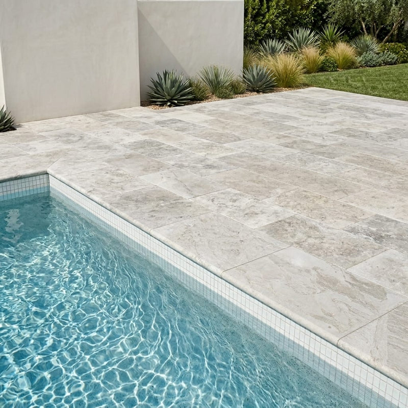 Silver Travertine Coping 16x24 Unfilled Honed Bullnose 2 inch pool coping — Swimming Pool pool edge drop-face coping