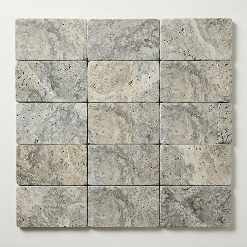 Silver Travertine Coping 6x12 Tumbled Bullnose 1.25 inch close-up