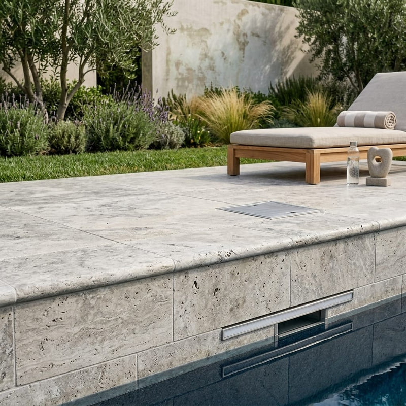 Silver Travertine Coping 6x12 Tumbled Bullnose 1.25 inch pool coping — Swimming Pool remodel pool edge