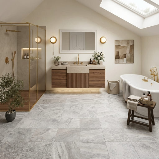 Silver Travertine Filled, Honed & Straight Edge 12 x 12 x 3/8 Cross Cut Tile 12x12 — Bathroom floor