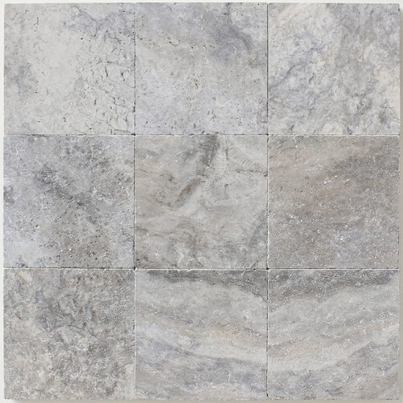 Silver Travertine Filled, Honed & Straight Edge 12 x 12 x 3/8 Cross Cut Tile 12x12 close-up