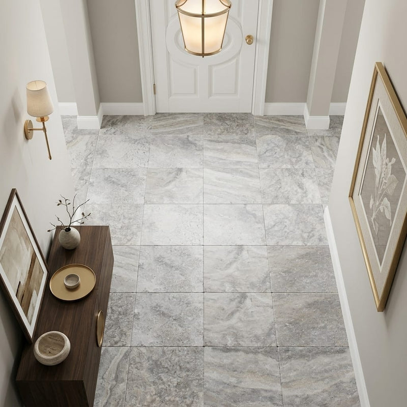 Silver Travertine Filled, Honed & Straight Edge 12 x 12 x 3/8 Cross Cut Tile 12x12 — Hallway floor