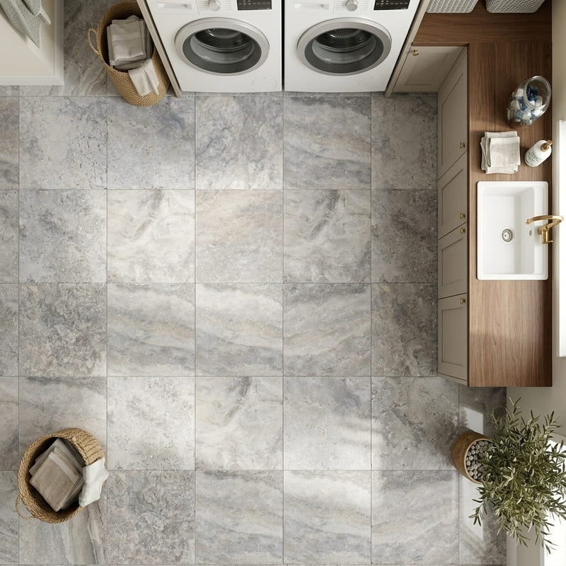 Silver Travertine Filled, Honed & Straight Edge 12 x 12 x 3/8 Cross Cut Tile 12x12 — Laundry Room floor