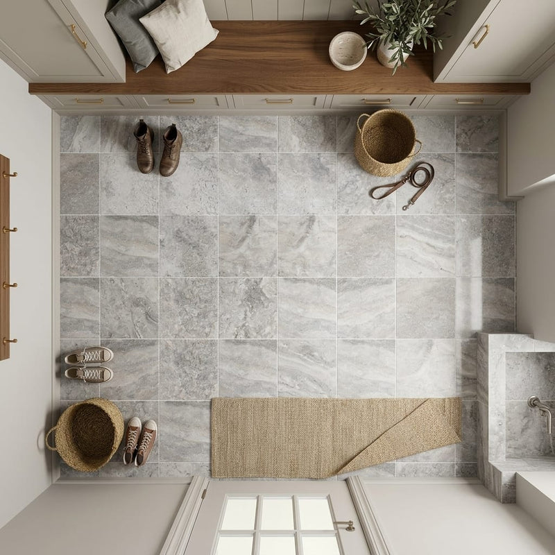 Silver Travertine Filled, Honed & Straight Edge 12 x 12 x 3/8 Cross Cut Tile 12x12 — Mudroom floor