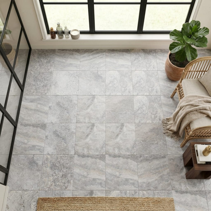 Silver Travertine Filled, Honed & Straight Edge 12 x 12 x 3/8 Cross Cut Tile 12x12 — Sunroom floor