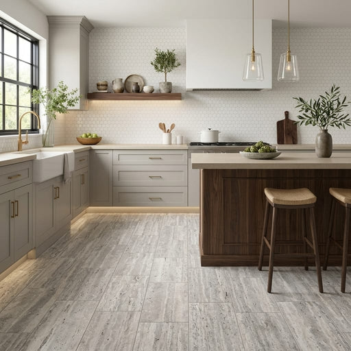 Silver Travertine Filled, Honed & Straight Edge 12 x 24 x 1/2 Vein Cut Tile 12x24 — Kitchen floor