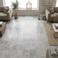 Silver Travertine Filled, Honed & Straight Edge 18 x 18 x 1/2 Cross Cut Tile 18x18 — Family Room floor