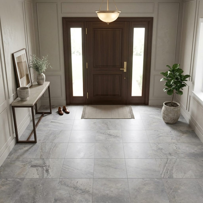 Silver Travertine Filled, Honed & Straight Edge 18 x 18 x 1/2 Cross Cut Tile 18x18 — Foyer floor