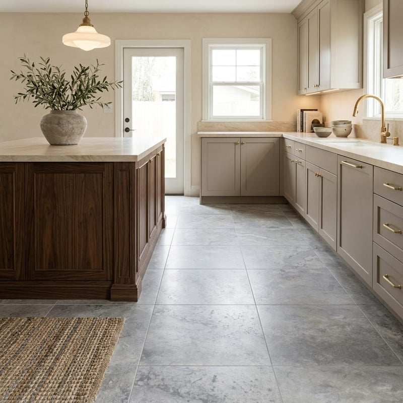 Silver Travertine Filled, Honed & Straight Edge 18 x 18 x 1/2 Cross Cut Tile 18x18 — Kitchen floor