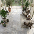 Silver Travertine Filled, Honed & Straight Edge 18 x 18 x 1/2 Cross Cut Tile 18x18 — Sunroom floor