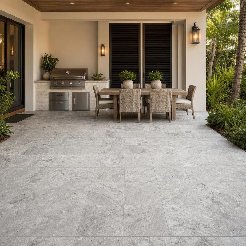 Silver Travertine Paver 12x12 Tumbled 1.25 inch — Backyard patio