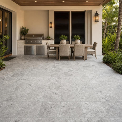 Silver Travertine Paver 12x12 Tumbled 1.25 inch — Backyard patio