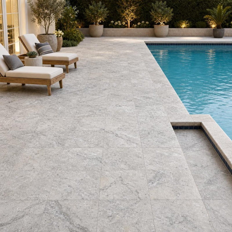 Silver Travertine Paver 12x12 Tumbled 1.25 inch — Backyard pool deck